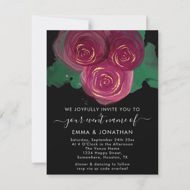 Rose Floral QR Code Wedding Marsala Black (Vorderseite)