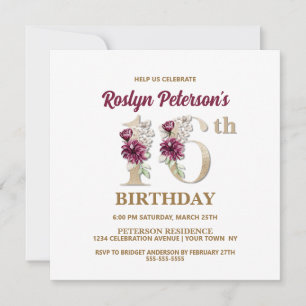 Rose Floral R 16e Anniversaire Fête Invitation