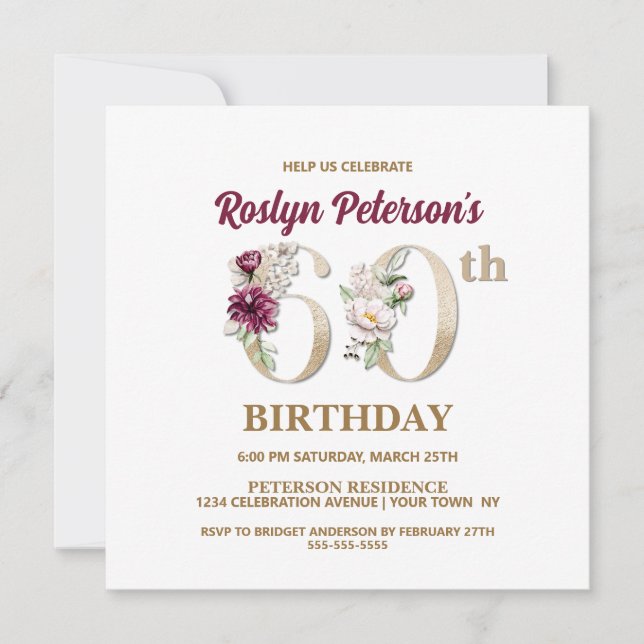 Rose Floral R 60th Birthday Party Invitation (Devant)