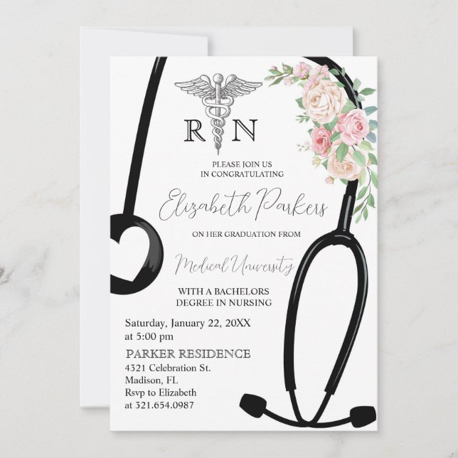 Rose Floral RN Nursing School Graduation Party Einladung (Vorderseite)
