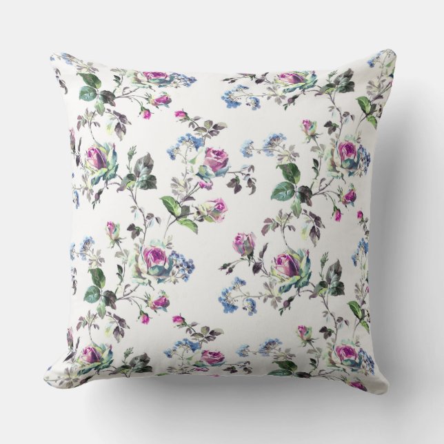 Rose Floral rose et bleu Coussin extérieur (Recto)