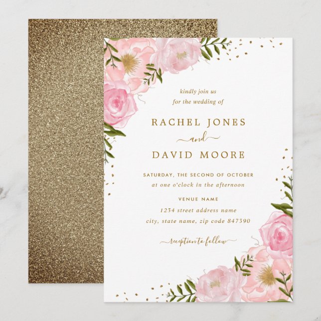 Rose floral rose or Aquarelle mariage Invitation (Devant / Derrière)