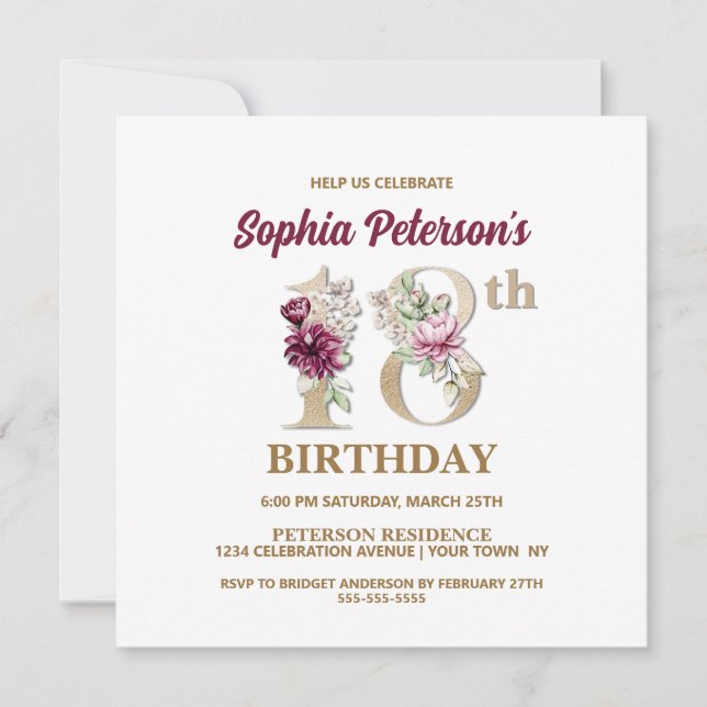 Rose Floral S 18e Anniversaire Fête Invitation (Devant)