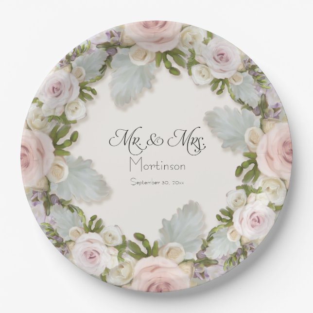 Rose Floral Succulent Foliage Mr. und Mrs. Wedding Pappteller (Vorderseite)