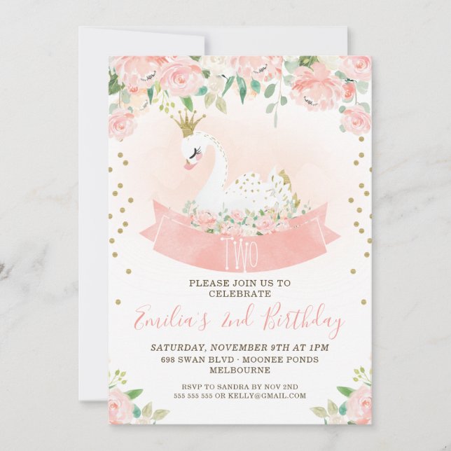 Rose Floral Swan Princess Invitation Anniversaire (Devant)