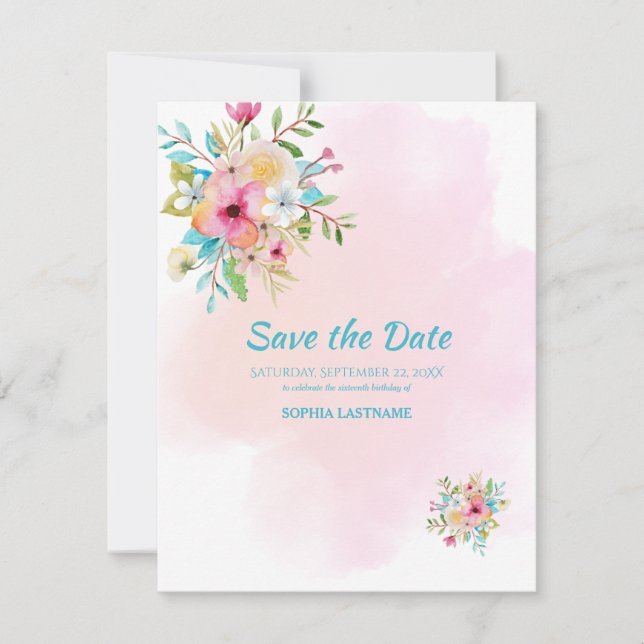 Rose Floral Sweet 16 Plat Enregistrer La Carte Dat (Devant)