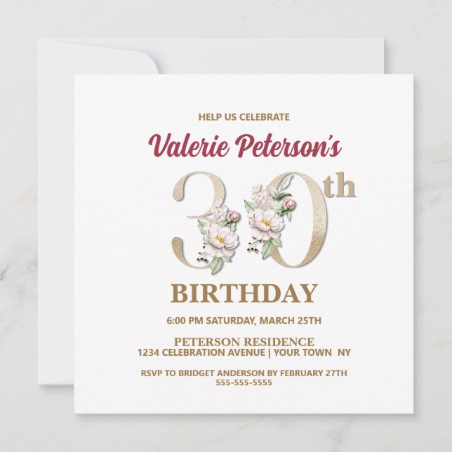 Rose Floral V 30th Birthday Party Invitation (Devant)