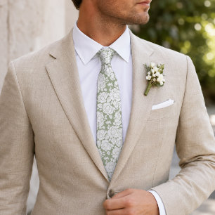 Rose Floral vert Sage Cravate blanc