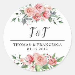 Rose Floral Wasserfarbe Hochzeitskleber Runder Aufkleber