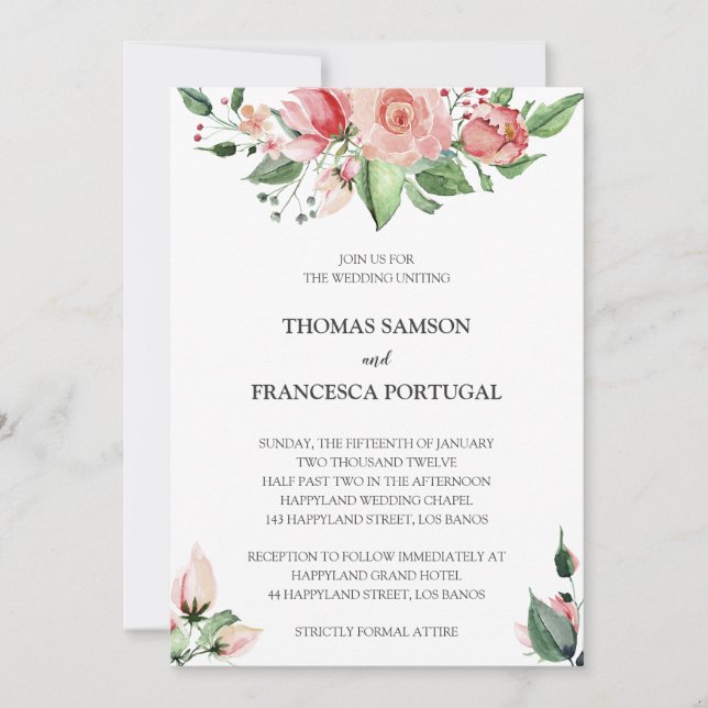 Rose Floral Watercolor Hochzeit Einladung (Vorderseite)