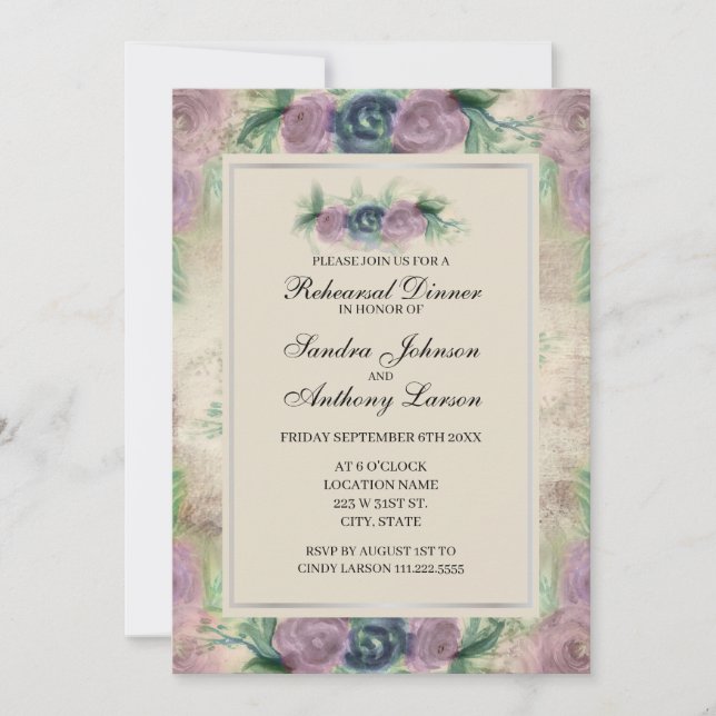 Rose Floral Watercolor Hochzeitsessen Probe Einladung (Vorderseite)
