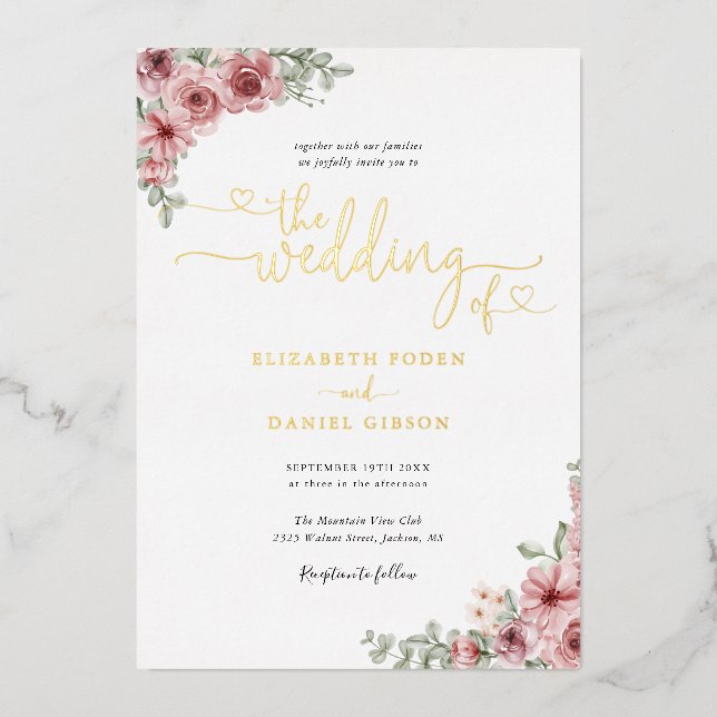 Rose Floral Wedding Hearts Script Gold Folieneinladung (Vorderseite)