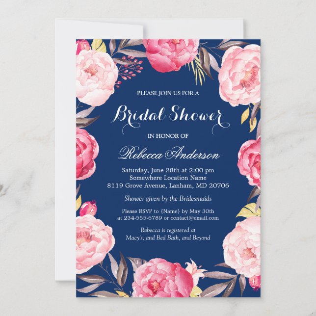 Rose Floral Wreath Navy Blue Brautparty Einladung (Vorderseite)