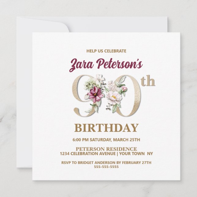 Rose Floral Z 90th Birthday Party Invitation (Devant)