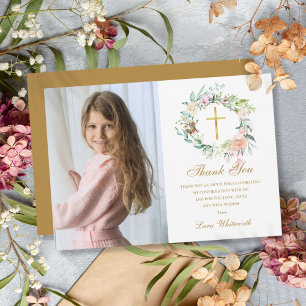Rose Florale Girlande Konfirmationsfoto Gold Schri Dankeskarte