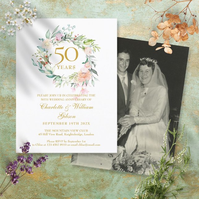 Rose Florales 50. Goldenes Hochzeitsjubiläum Foto Einladungspostkarte (Von Creator hochgeladen)