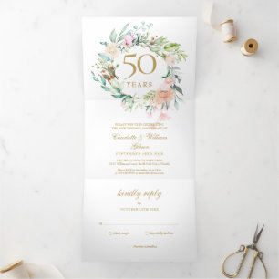 Rose Florales 50. Goldenes Hochzeitsszenario Foto Dreifach Gefaltete Einladung