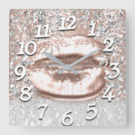 Rose FloralKiss Lips Zahlen Schönheit Silber Quadratische Wanduhr