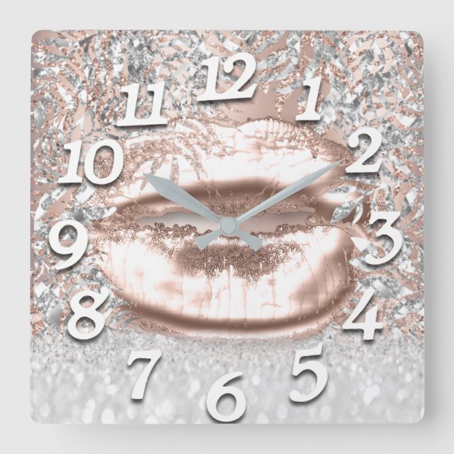 Rose FloralKiss Lips Zahlen Schönheit Silber Quadratische Wanduhr (Vorderseite)