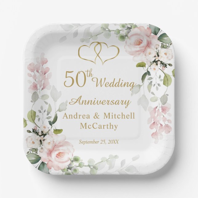 Rose Foliage Hearts 50. Hochzeitstag Pappteller (Vorderseite)