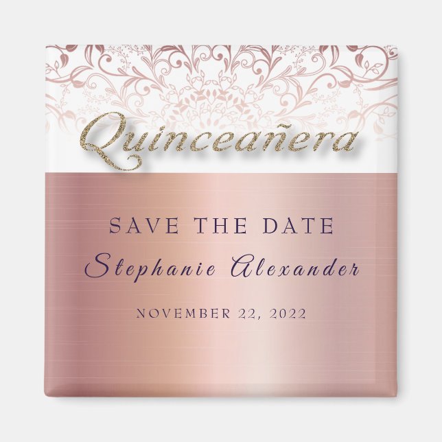 Rose Folie Spitze Quinceanera Save the Date elegan Magnet (Vorne)