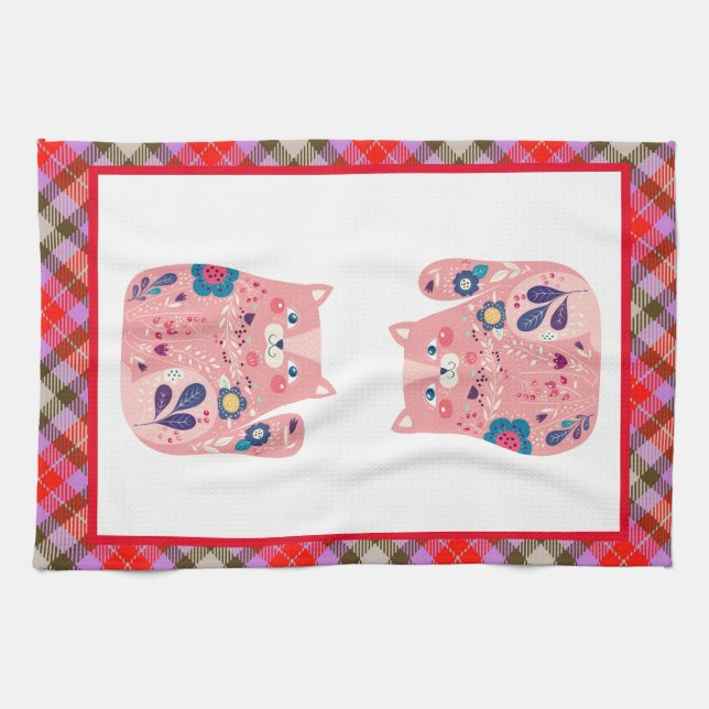 Rose Folk Art Kitty Serviette de cuisine (Horizontal)