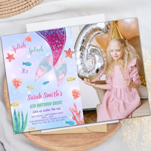 Rose foncé sur Top Sirène Invitation Anniversaire (Dark Pink on top mermaid Birthday Invitation photo)