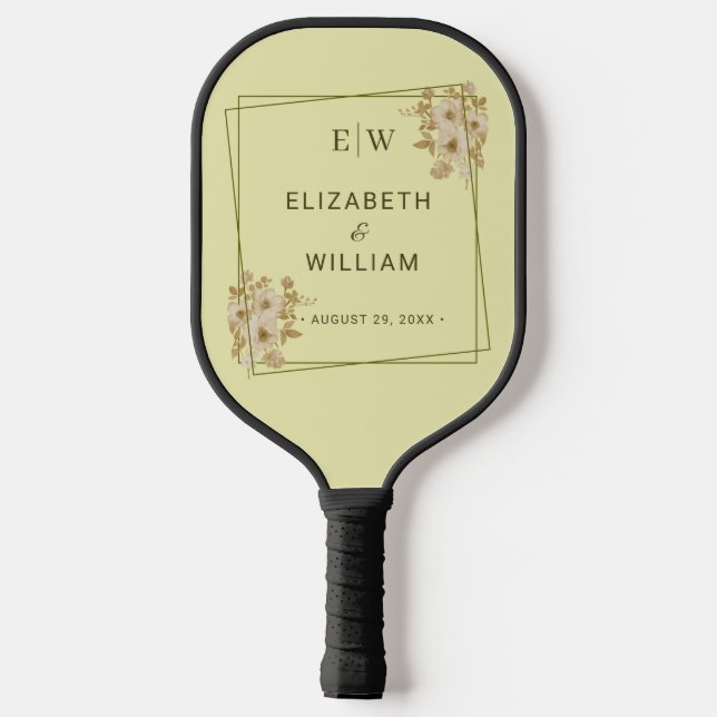Rose Frame – Monogram Celestial Yellow Wedding Pickleball Schläger (Rückseite)