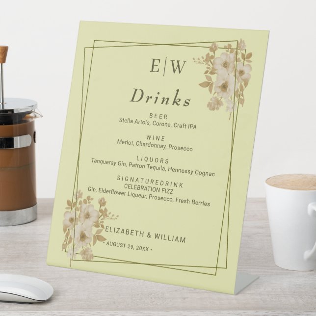 Rose Frame – Monogram Celestial Yellow Wedding Sockelschild (In Situ)