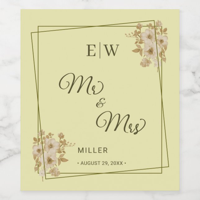 Rose Frame – Monogram Celestial Yellow Wedding Weinetikett (Einzelnes Label)