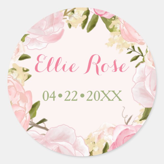 Rose für Aquarellfarben - Geburtsankündigung von C Runder Aufkleber (Vorderseite)