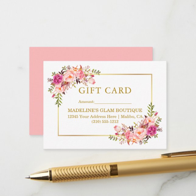 Rose für Aquarellfarben Rosa Blumengold Geschenkka Begleitkarte (Vorderseite/Rückseite Beispiel)