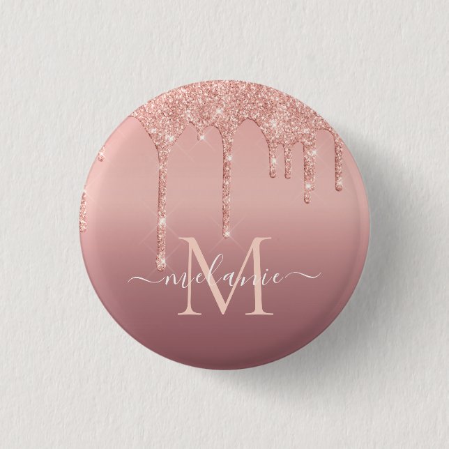 Rose für Monogramm Name Text Gold Blush Glitzer Button (Vorderseite)