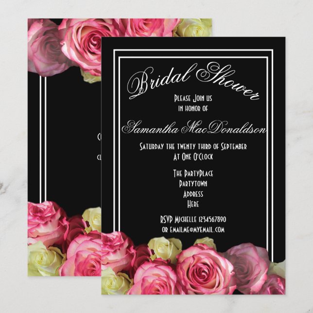 Rose für schwarzes Brautparty Einladung (Vorne/Hinten)