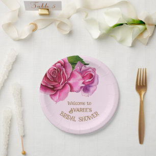 Rose für tiefrosa Aquarellfarben Brautparty Pappteller