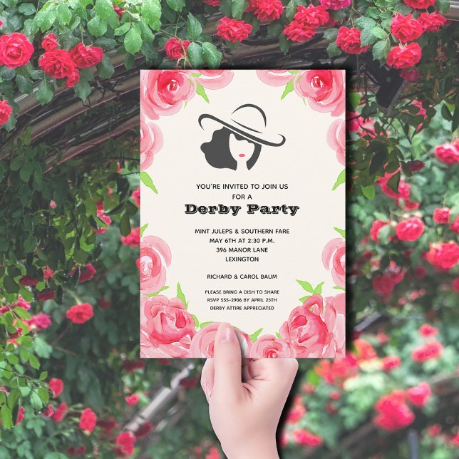 Rose für Wasserfarben Derby Party Einladung (Big Hat Lady and Roses Derby Party Invitations)