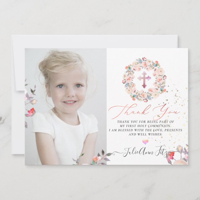 Rose für Wasserfarben - Kommunion Vielen Dank Einladung (Vorderseite)