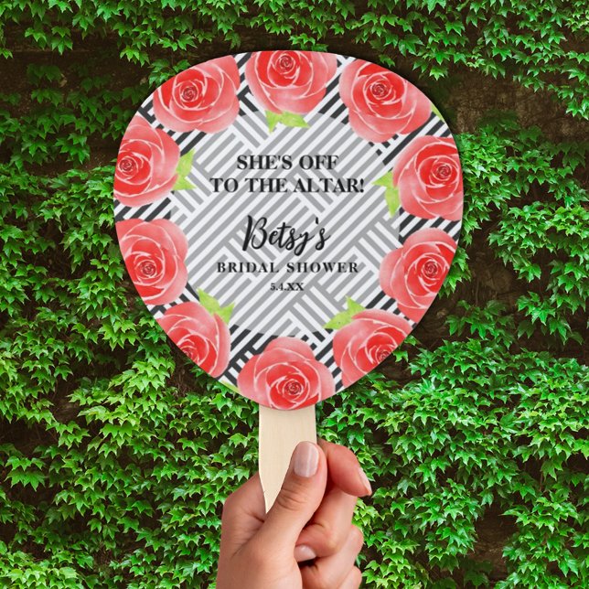 Rose für Wasserfarben Schwarze Streifen Derby Brau Fächer (Watercolor Roses Black Stripes Derby Bridal Shower Hand Fans)