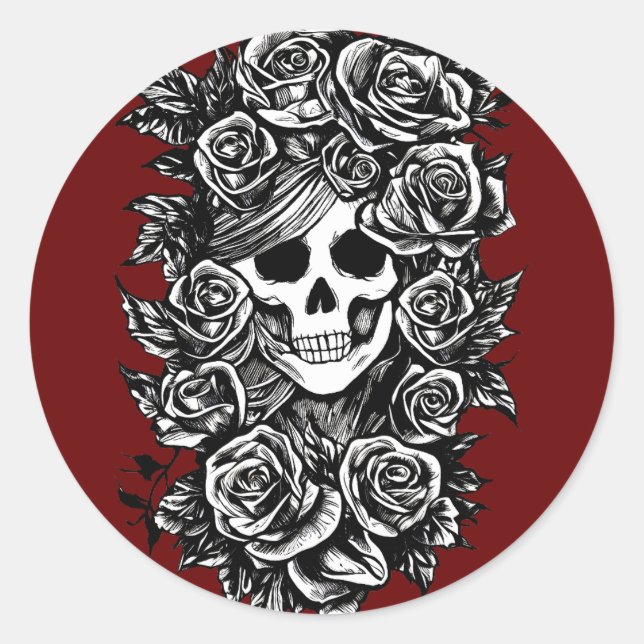 Rose für weibliche Schädel erhalten Original Tinte Runder Aufkleber (Vorderseite)