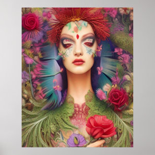 Rose für weibliche Schönheit in Federn Poster