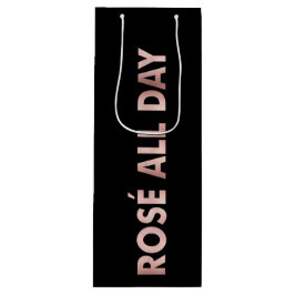 ROSÉ GANZEN TAG Text in Imitate Pink Foil on Black Geschenktüte Für Weinflaschen