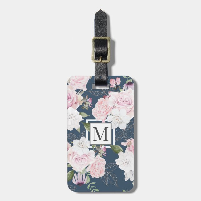 Rose Garden Blue ⎢ Monogramm Gepäckanhänger (Vorderseite vertikal)