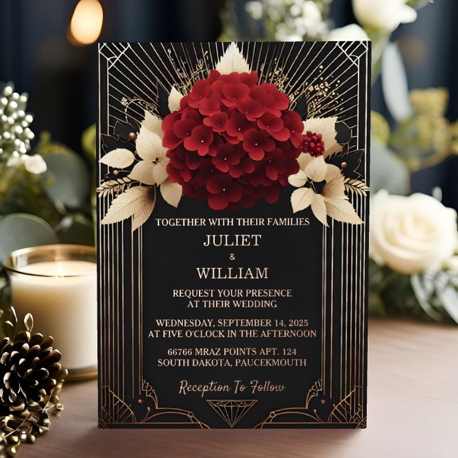 Rose Garden Diamond Red Black and Gold Wedding Folieneinladung (Von Creator hochgeladen)