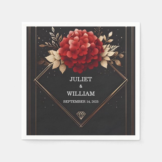Rose Garden Diamond Red Black and Gold Wedding Serviette (Vorderseite)
