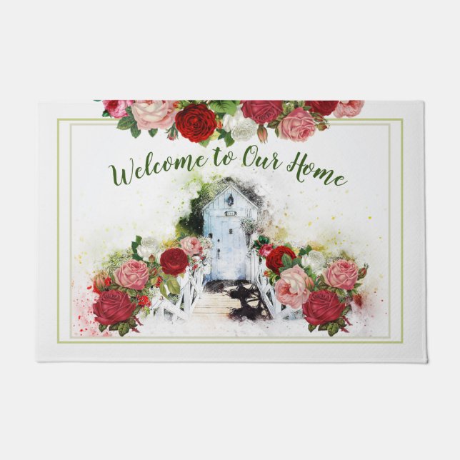 Rose Garden Door Willkommen auf unserer Zuhause Fußmatte (Vorderseite)