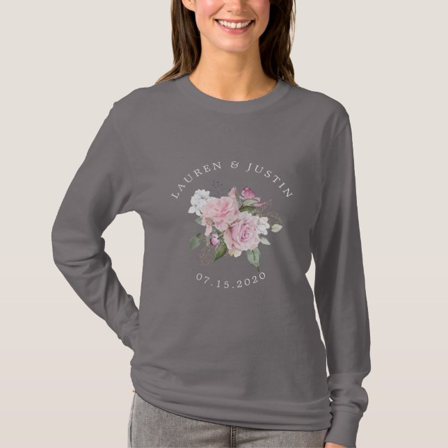 Rose Garden elegante Blumen-Monogramm-Hochzeit T-Shirt (Vorderseite)
