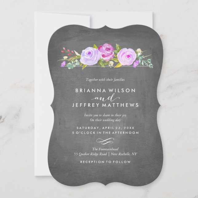 Rose Garden Floral Chalkboard Faire-part de mariag (Devant)