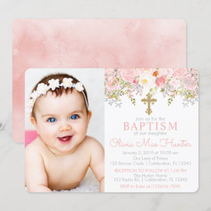 Rose Garden Girl Baptism Photo Invitation