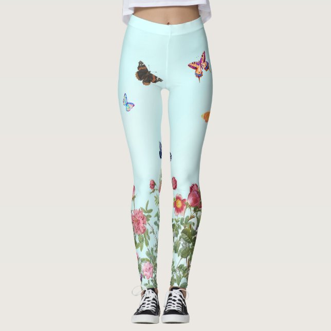 Rose Garden mit Schmetterlingen auf blauem Hinterg Leggings (Vorderseite)