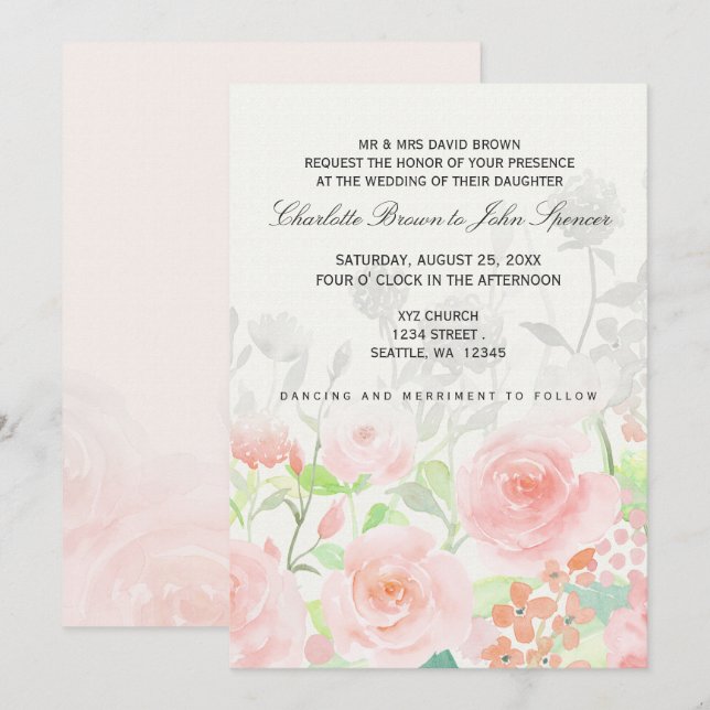 Rose Garden Moderne Floral invitations de mariage (Devant / Derrière)